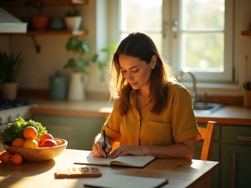A woman writing a grocery list at a sunlit kitchen table